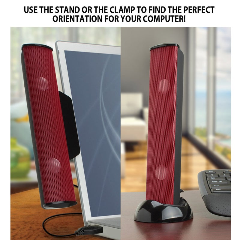 GoGroove مكبرات صوت GOgroove SonaVERSE USB لجهاز الكمبيوتر المحمول - شريط صوتي صغير يعمل بالطاقة من USB مع تصميم مكبر صوت خارجي محمول قابل للتثبيت على الشاشة، كابل واحد لإدخال الصوت الرقمي والطاقة (أحمر) - Image 3
